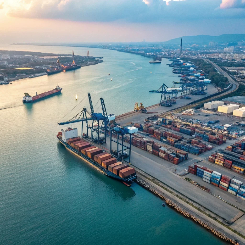 Aerial view of a busy container port with numerous cranes and stacks of shipping containers next to calm blue water.