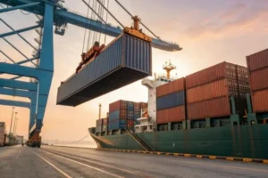 Cargo ship docked with a large container being lifted by a crane at sunset, highlighting international shipping operations.
