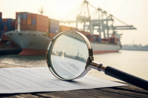 A magnifying glass over a shipping contract, representing scrutiny