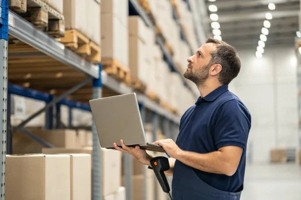Man in warehouse using a barcode scanner and holding a laptop, scanning packages on a shelf.