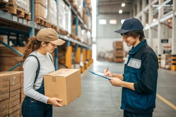 A person handing a box to a shipping agent in a warehouse