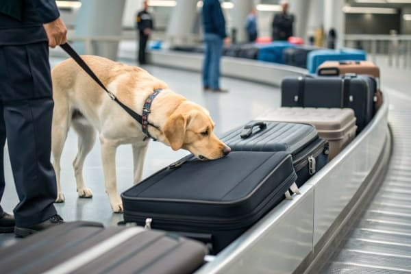 A biosecurity detector dog sniffing luggage at an airport