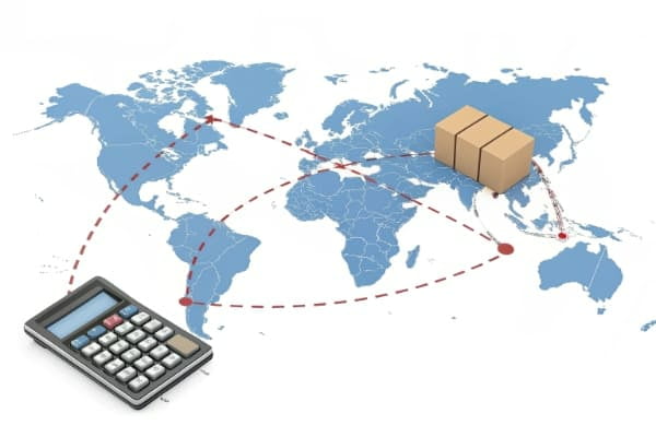 A calculator and shipping documents on a world map pointing from China to New Zealand