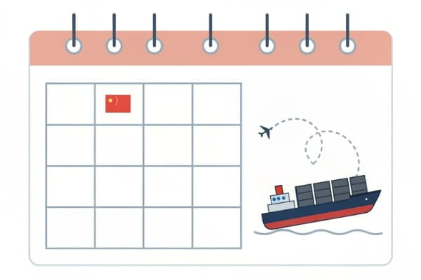A calendar with a cargo ship icon moving from a date in China to a date in New Zealand