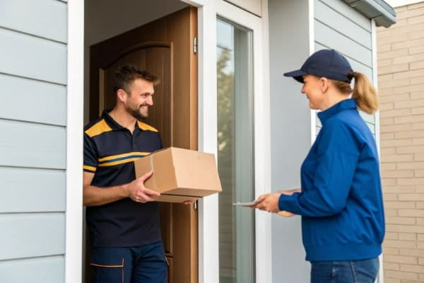 A courier delivering a small package to a customer's door