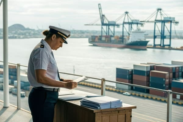 A customs officer inspecting documents at a New Zealand port