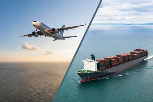 A split image showing an airplane and a cargo ship