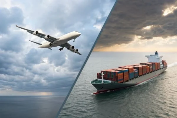 A split image showing an airplane for air freight and a container ship for sea freight