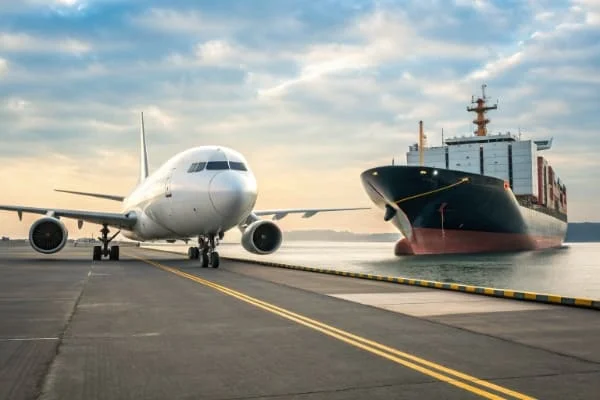 An airplane and a cargo ship side-by-side to compare shipping methods