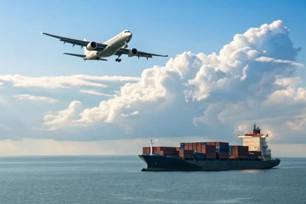 An airplane in the sky and a container ship on the sea for comparison