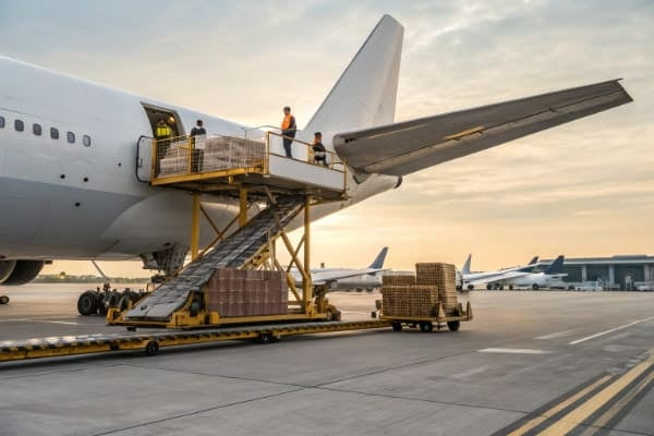 An air cargo plane being loaded with packages at an airport