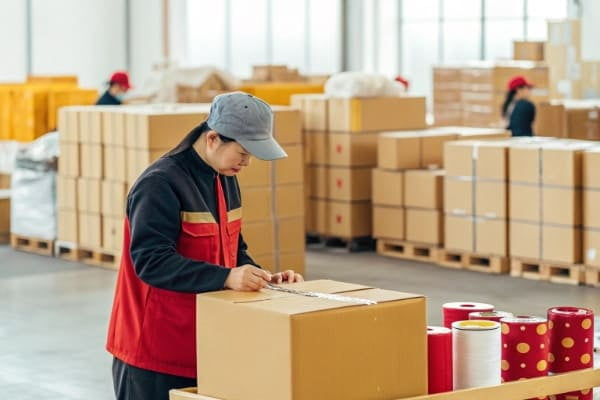 An e-commerce seller packing orders with products sourced from China