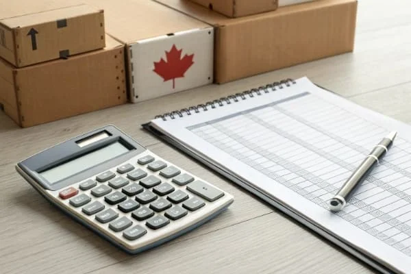 A calculator and shipping documents, symbolizing the cost of shipping to Canada
