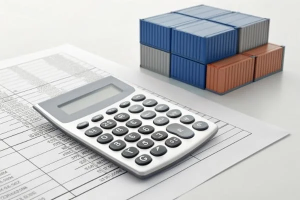 A calculator and shipping documents representing the cost of shipping from China to the UK