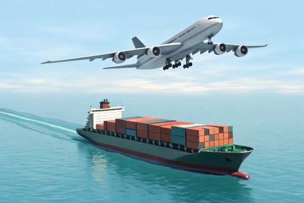 A cargo plane and a container ship representing air and sea freight to Qatar