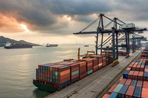 A bustling cargo port featuring stacked containers and several large cranes under a dramatic sunset sky.