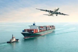 Cargo ship with containers on ocean watched by a plane flying overhead, indicating global shipping and logistics.