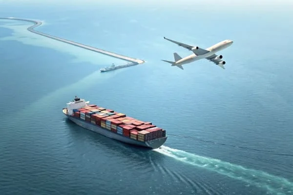A cargo ship and a plane representing shipping methods from China to the UAE