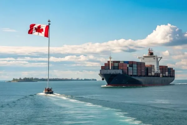 A container ship with the Canadian flag in the background, sailing on the ocean
