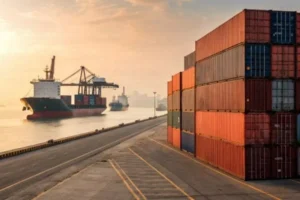 Cargo ship approaching a dock lined with stacked shipping containers under a sunrise sky, illustrating global shipping logistics.