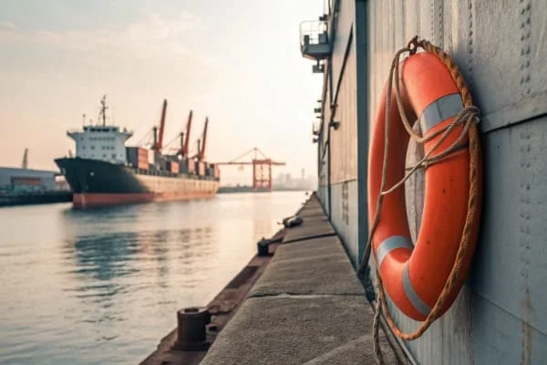 A lifebuoy on the side of a cargo ship, symbolizing insurance and safety
