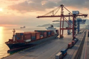A large cargo ship loaded with containers is docking at a port during sunset, highlighting international shipping and logistics.