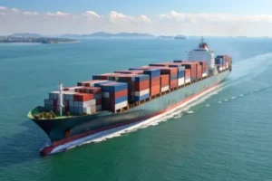 Large cargo ship carrying numerous colorful shipping containers on ocean water, under a clear sky, illustrating global shipping.