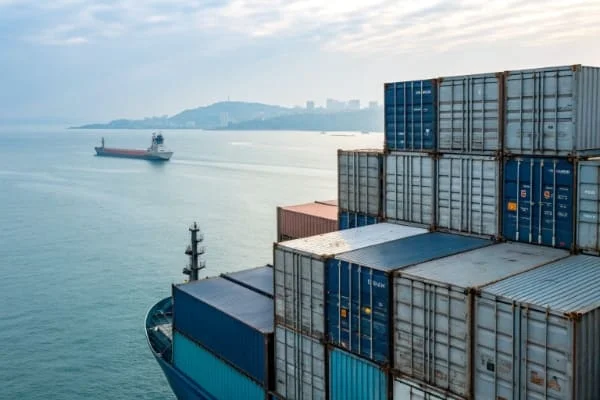 Cargo ship with stacked containers near a coastline, sailing with another vessel in the background under a cloudy sky.