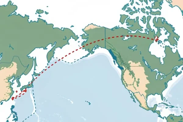 Map showing shipping route from China to Canada