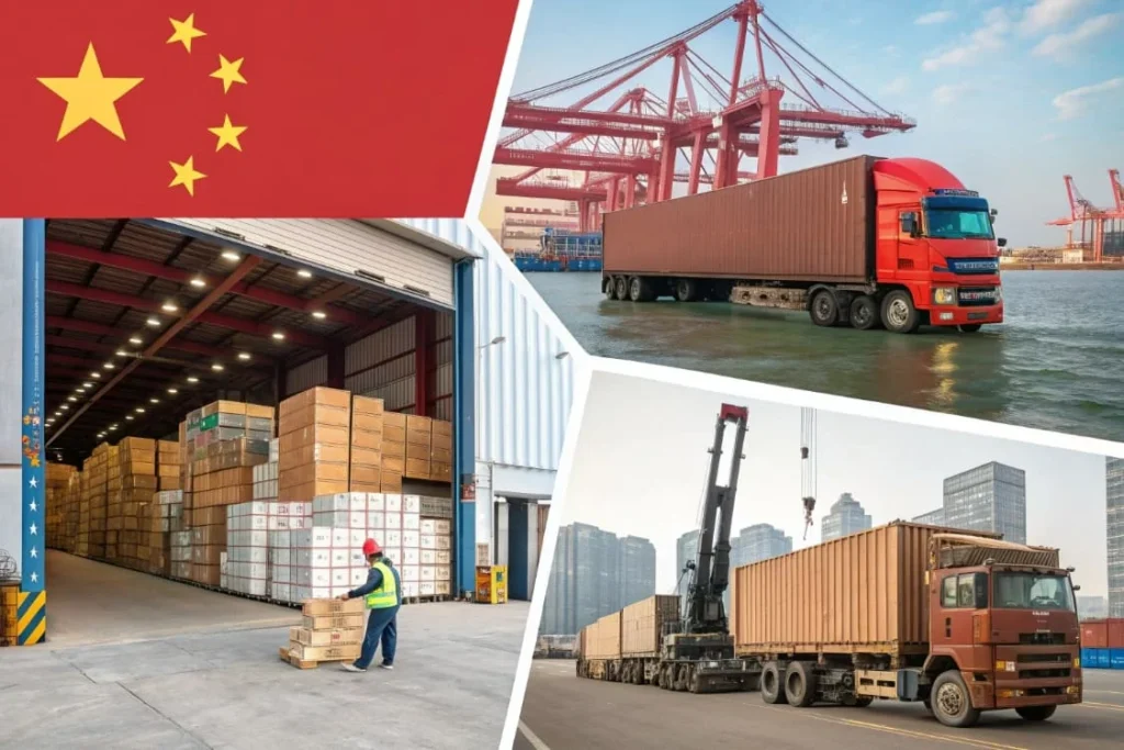 Collage of logistics operations in China showcasing a cargo ship, warehouse with boxes, and heavy machinery loading containers.
