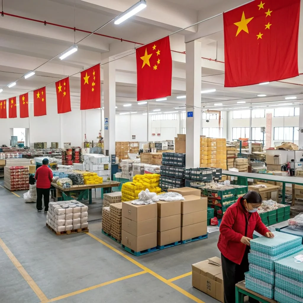 Warehouse interior with employees managing boxes under Chinese flags, showcasing a busy logistics environment.