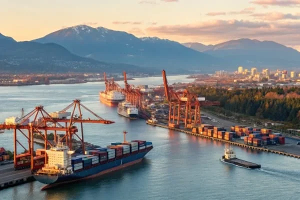 Container ships docked at a port with cranes, mountains in the background, and the city skyline under a sunset sky.