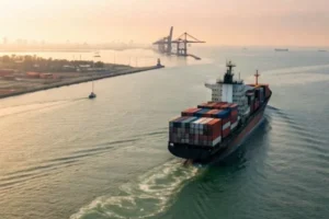 Large container ship with stacked cargo sailing towards a port with cranes during sunset, indicating global shipping operations.