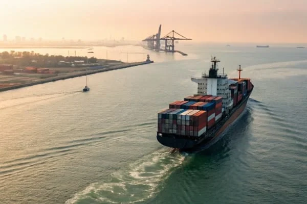 Large container ship with stacked cargo sailing towards a port with cranes during sunset, indicating global shipping operations.