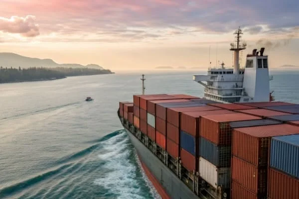 Large container ship carrying stacked cargo containers sailing through ocean waters during a colorful sunset.