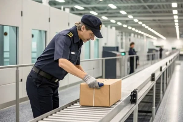A customs officer inspecting a package at the Canadian border