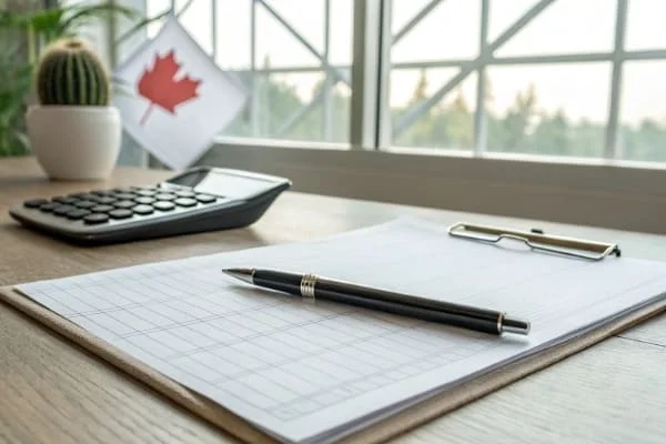 A Canadian customs declaration form with a pen and calculator