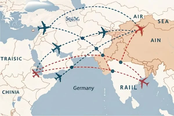 A map showing air, sea, and rail routes from China to Germany
