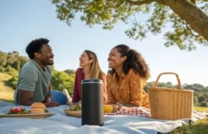 Group of friends sitting on a picnic blanket, laughing and talking with a portable speaker in the foreground, outdoors under a tree.