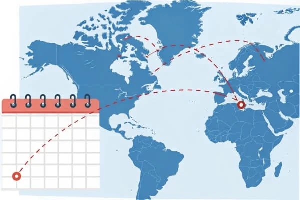 A calendar with a shipping route marked from China to Canada