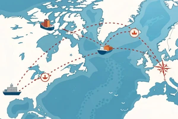 A map showing shipping lanes from major Chinese ports to major Canadian ports