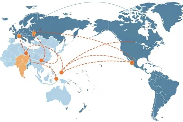 Map of shipping routes from China's main ports to Canada's main ports