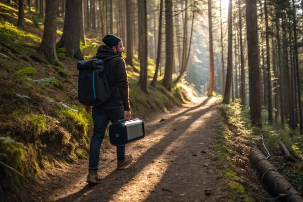 A person carrying a portable Bluetooth speaker on a hike