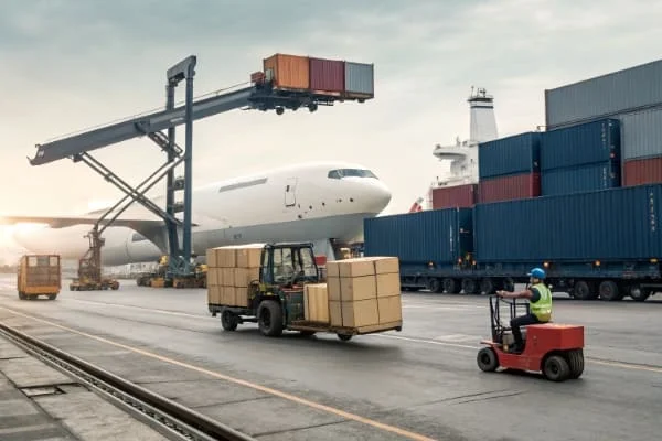 Different types of cargo being loaded onto a plane, ship, and train