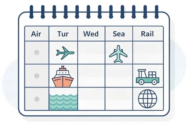 A calendar with shipping transit times marked for air, sea, and rail