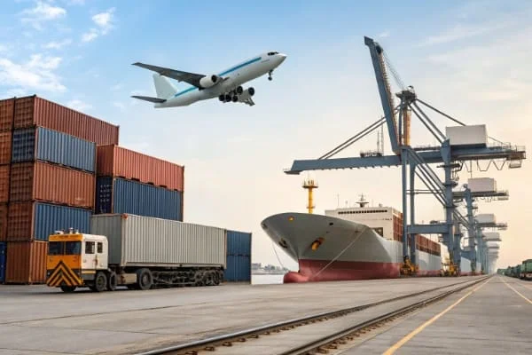 Shipping containers with a truck, cargo ship, and airplane in a harbor setting, illustrating logistics and transportation.