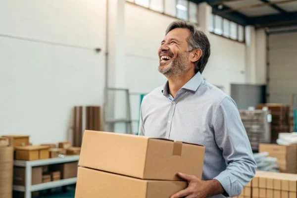 Happy business owner receiving a DDP shipment