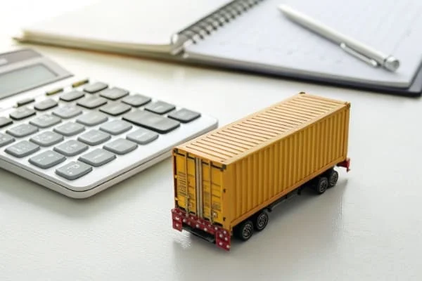 A calculator and a miniature cargo container on a desk