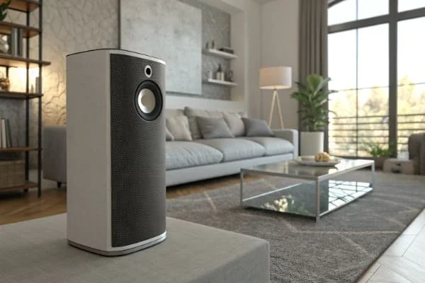 A large, stylish Bluetooth speaker in a modern living room
