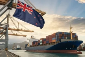 Container ship loaded with colorful containers at a New Zealand port, with the New Zealand flag visible in the foreground.